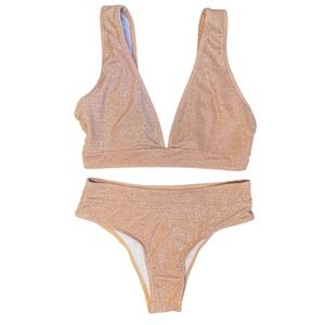 SHEIN Rose Gold Metallic Shimmer Bikini Set V-Neck High Waist Swimsuit Large